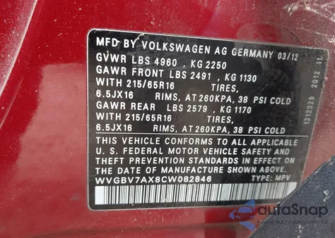 2012 Volkswagen Tiguan S из США, поврежденный, VIN WVGBV7AX8CW082846